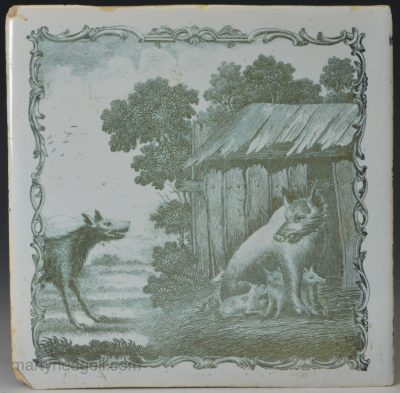 Liverpool delft tile decorated with a Sadler Æsop's fable print, theSow and the Wolf, circa 1770
