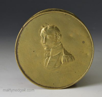 American press brass snuff box 'Commodore Decatur 1816'