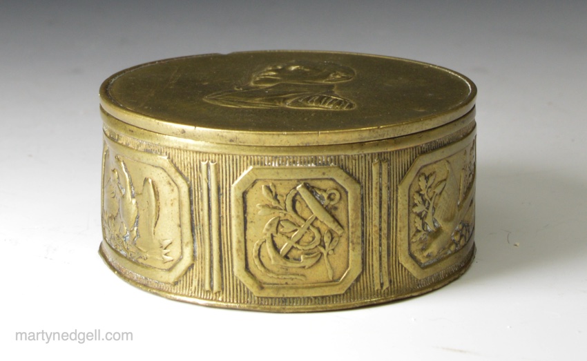 American press brass snuff box 'Commodore Decatur 1816'