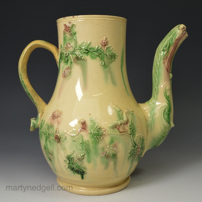 Early creamware pottery coffee pot, circa 1750