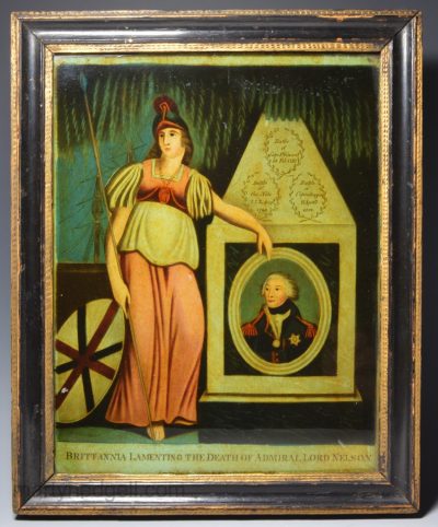 Reverse print on glass 'BRITTANNIA LAMENTING THE DEATH OF ADMIRAL LORD NELSON, circa 1805