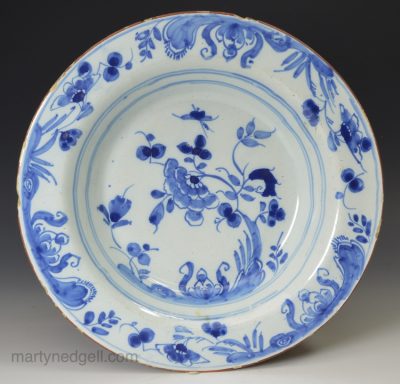 Liverpool delft shallow bowl decorated in blue florals, circa 1750