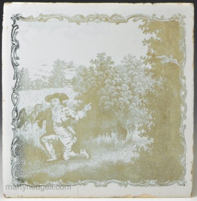 Liverpool delft Sadler priced tile of the hawk and the farmer, circa 1770