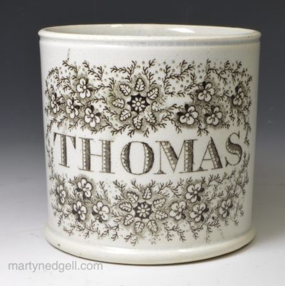 Pearlware pottery child's mug 'THOMAS', circa 1830