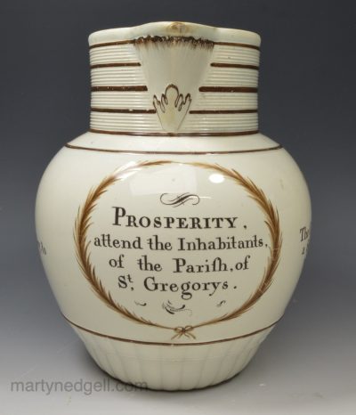Pearlware pottery 'PROSPERITY attend the Inhabitants of the Parish of St. Gregorys', circa 1800