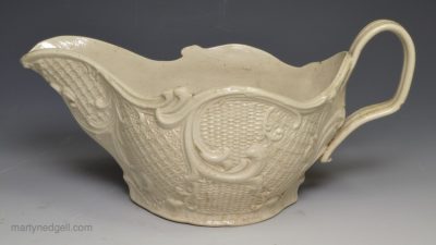 Staffordshire white saltglaze stoneware sauce boat, circa 1760