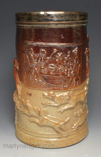 Mortlake saltglaze stoneware tankard with a panel of Midnight Modern Conversation , circa 1780