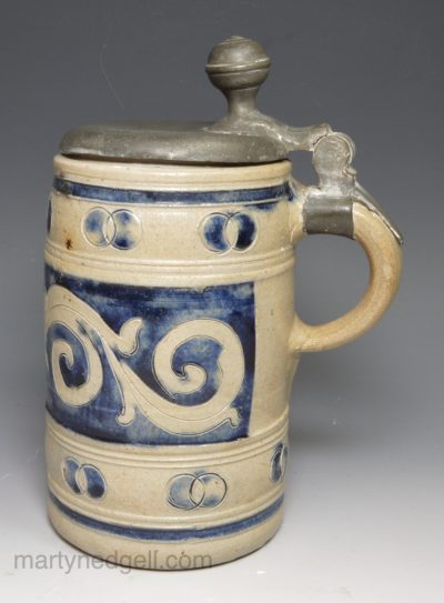 Westerwald saltglaze stoneware mug with original lid, circa 1720