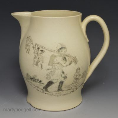 Creamware pottery commemorative jug decorated with prints of the Napoleonic wars, circa 1812