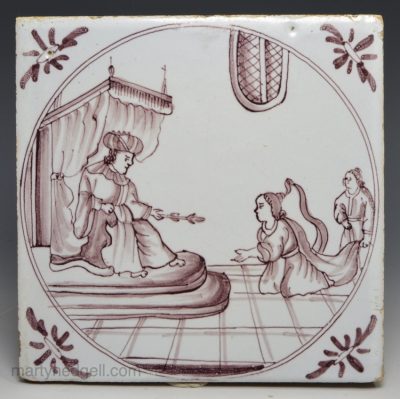 Bristol delft biblical tile of Esther before Ahasuerus, circa 1740