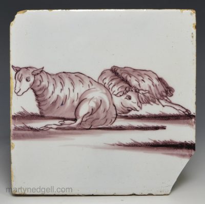 Liverpool delft tile decorated in manganese with two sheep, circa 1750