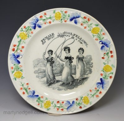 Pearlware pottery child's plate 'FEMALE SCHOOLFELLOWS', circa 1820
