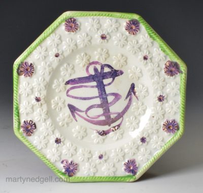 Minute pearlware pottery plate with a lustre anchor, circa 1830