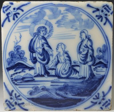 Dutch Delft biblical tile, circa 1750 Jesus healing a woman with an issue of blood