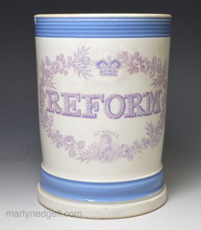 Pearlware pottery 'REFORM' mug printed with a portrait of Lord John Russell, circa 1830