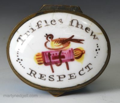 Bilston enamel patch box 'Trifle shew RESPECT', circa 1780