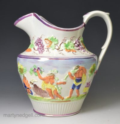 Pearlware pottery moulded jug decorated with enamels and lustre, circa 1820, St. Anthony's Pottery Sunderland