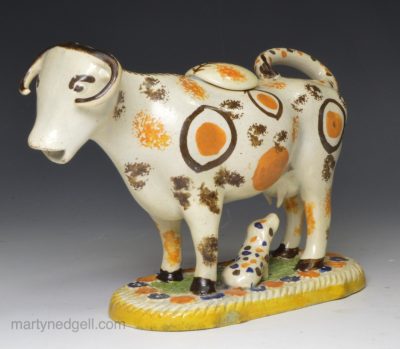 Prattware pottery cow creamer, circa 1800