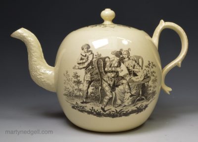 Wedgwood creamware pottery teapot printed with Comedia del'Arte figures and sheep, circa 1775