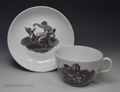 Porcelain tea cup and saucer printed in a Adam Buck style, circa 1820