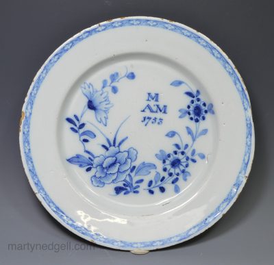 Liverpool delft marriage plate decorated in blue and dated 1753