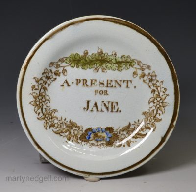 Pearlware pottery child's plate 'A PRESENT FOR JANE', circa 1820