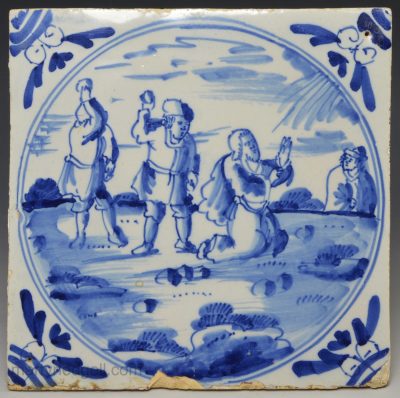London delft tile, circa 1740, The stoning of Stephen