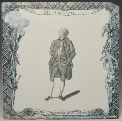 Liverpool delft Sadler printed tile of Mr Smith in the character of Lord Townley, circa 1775