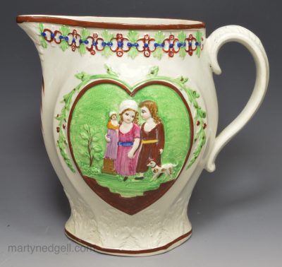 Pearlware pottery jug moulded with ‘SPORTIVE INNOCENCE’ and ‘MICHEVIOUS SPORT’, circa 1820