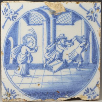 Dutch Delft biblical tile, circa 1740, The Cleansing of the Temple