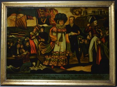 Reverse print on glass of Queen Caroline landing at Dover, circa 1820