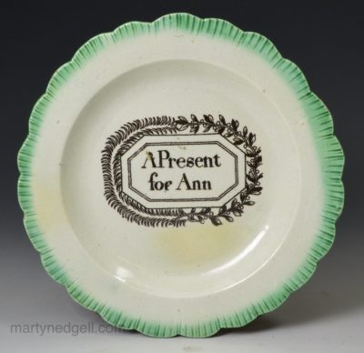 Pearlware pottery green shell edge child's plate 'A Present for Ann', circa 1800