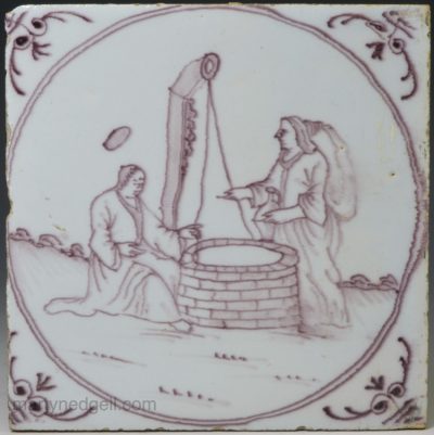 Liverpool delft biblical tile, circa 1750, Jesus and the woman of Samaria