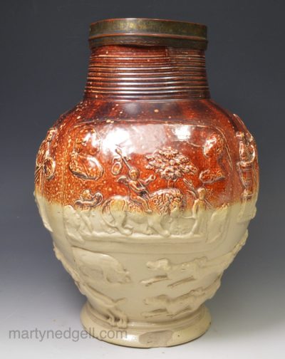 Mortlake saltglaze stoneware jug decorated with the heads of George III, Queen Charlotte, Louis XVI and Queen Marie Antoinette, circa 1790