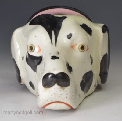 Pearlware pottery hound stirrup cup, circa 1840