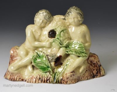 Early creamware pottery figure of Babes in the Wood, circa 1765