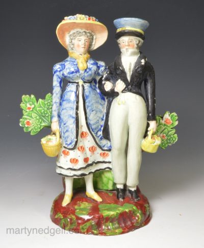 Staffordshire pearlware pottery Dandies decorated with enamels over the glaze, circa 1820