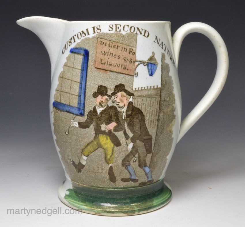 Pearlware pottery jug printed with British proverbs, circa 1820