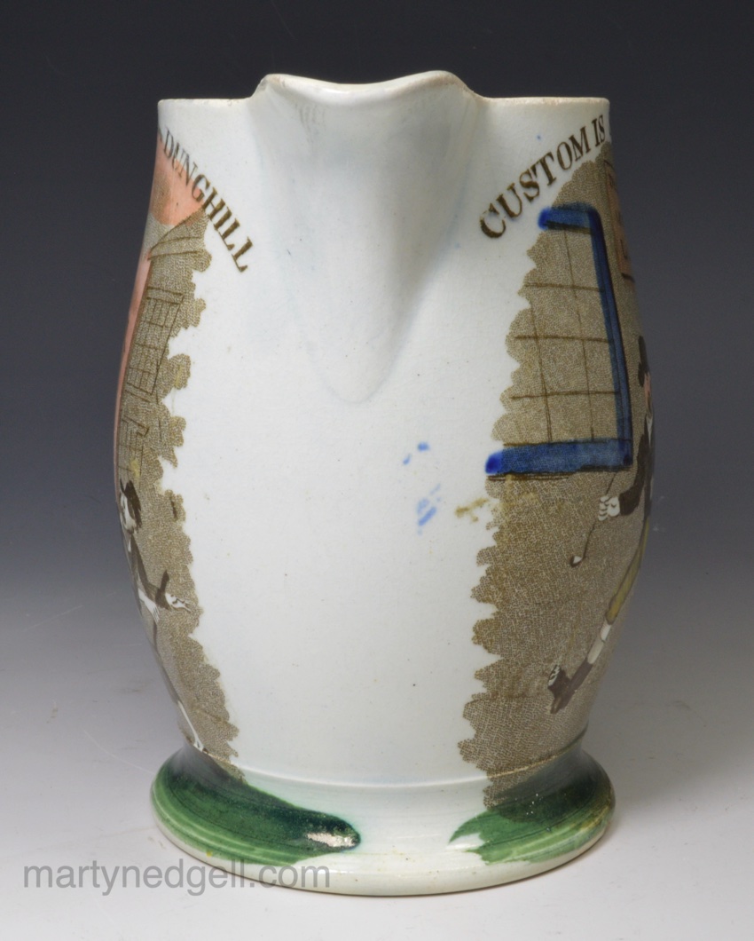 Pearlware pottery jug printed with British proverbs, circa 1820