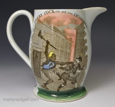 Pearlware pottery jug printed with British proverbs, circa 1820
