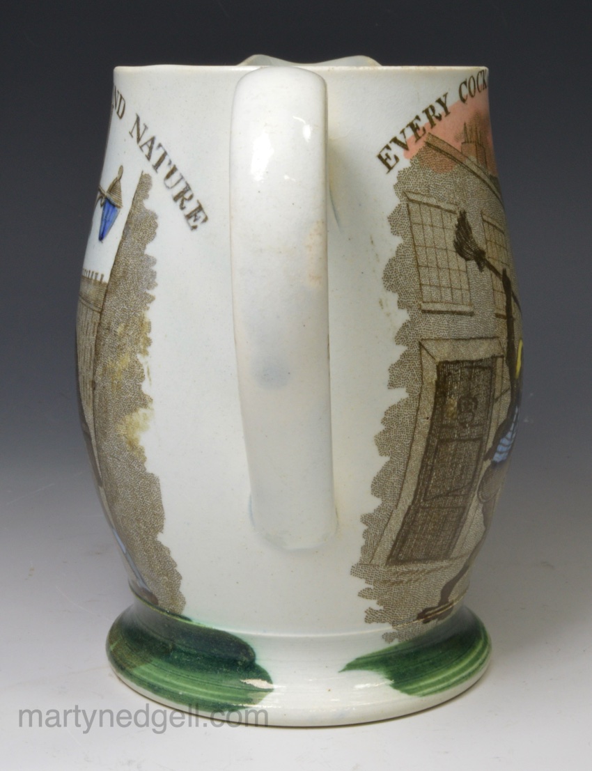 Pearlware pottery jug printed with British proverbs, circa 1820