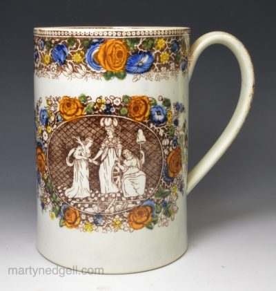 Pearlware pottery mug decorated with allegorical prints of The Peace of Amiens, circa 1802