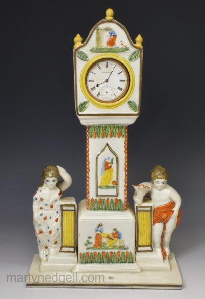 Prattware pottery long case clock watch stand, circa 1820