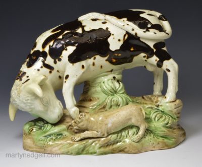 Creamware pottery bull baiting group, circa 1790, possibly one of the Wood Family