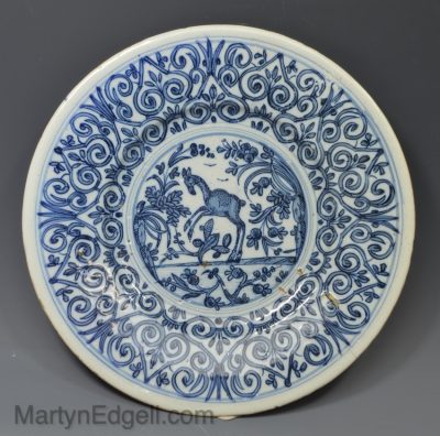 Continental tin glazed plate decorated in blue, circa late 17th century Savona