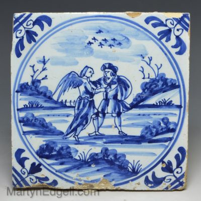 London delft biblical tile, Jacob wrestling with an Angel, circa 1750