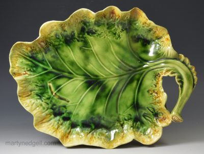 Leaf shaped creamware pottery dish decorated with colours under the glaze, circa 1770