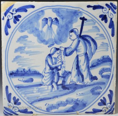 London delft biblical tile Jesus being baptised by John the Baptist, circa 1750