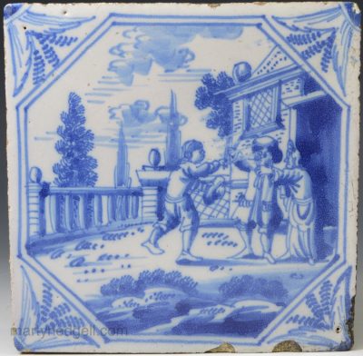 Dutch Delft tile painted in blue with a sword fight, circa 1750
