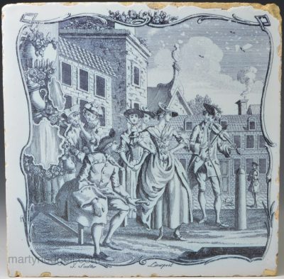 Liverpool Delft tile decorated with a Sadler signed print, circa 1760